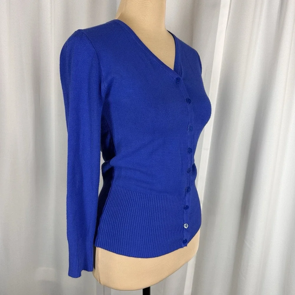 Odri Womens Sweater Sz S (?) Button Down Cardigan Royal Blue 3/4 Sleeve READ